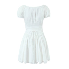 Lunivop Sweet Women Ruched Chest Fish bow Waist Corset Style Dress Short Sleeve Cross Bandage Lacing up Back Bodycon Mini Party Robe