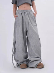 Lunivop Streetwear Gray Sweatpants Women Low Waist Loose Harajuku Pockets Pants American Casual Hip Hop Lace Up Oversize Bf Trousers New