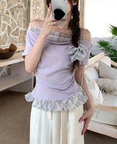 Lunivop T Shirts Women Plaid Patchwork Swinging Collar Off Shoulder Ruffles Short Sleeve Summer Fashion Sweet Tops Casual Tshirt