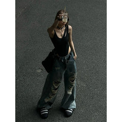 Lunivop Women's Y2k Ripped Jeans Baggy Harajuku 2000s Trashy 90s Aesthetic Denim Trousers Streetwear Oversize Jean Pants Vintage Clothes