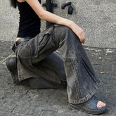 Lunivop Streetwear Distressed Washed Loose Cargo Jeans Women Spring New Korean Low Waist Pleated Casual Denim Wide Leg Pants