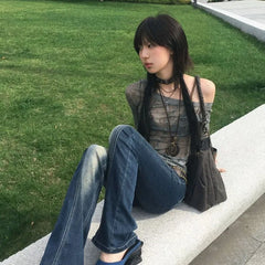 Lunivop Street Print Print Sun Protection T-shirt for Women Mesh Long Sleeve Off Shoulder Tops Mujer 2025 Summer Thin Bottoming Tees