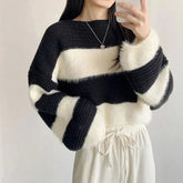 Lunivop Fuzzy Striped Sweater Women Pullovers Cozy Loose Long Sleeve Crop Knit Jumper Knitwear Teen-girl Fall Winter Casual Chic Outfit
