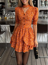 Lunivop Women Fashion Floral Print V-neck Mini Dress Elegant Choker Neck Puff Sleeve High Waist Ruffle Slim Fit Dresses Party Wears