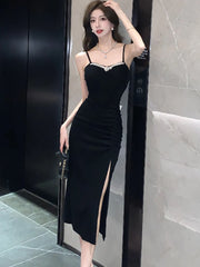 Lunivop Women Black Elegant Diamonds Square Collar Sling Long Dress Korean Vintage Luxury Evening Dress Summer Bodycon Party Dress