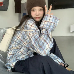 Lunivop Korean Retro Contrast Color Plaid Loose Long-sleeved Shirt Women 2024 Autumn New Polo Collar Multi-button Casual All-match Tops