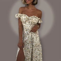 Lunivop Female Dress Dress Straight Shoulder Agaric Edge Florals Buttons Down Ruched Sweetheart Neck Sleeveless Midi Woman Clothing