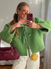 Lunivop Bow Lace Up O-neck Women's Tweed Jackets Casual Long Sleeved Coats For Woman Autumn Winter Elegant Short Green Outwear Tops