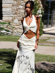 Lunivop Sexy Sleeveless Skirt Two Pieces Sets For Women V-neck Hollow Out Crop Tops And Long Skirt Patchwork Two Pieces Sets