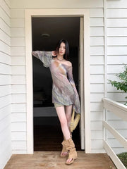 Lunivop Tie-dye Pink Print O-nreck T-shirt for Women Mesh Long Sleeve Slim Fit Tops Mujer 2025 Summer New Bottoming Tee Shirt