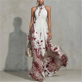 Lunivop Summer Hanging Neck Sleeveless Waist Party Maxi Dress Women Elegant Hollow Floral Print Pleated Lady Chic Evening Gown Vacation