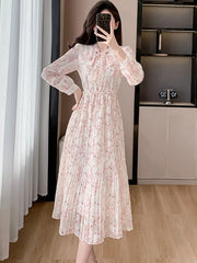 Lunivop Pink Floral Chiffon Casual Beach Long Dress Women Spring Elegant Chic Bow Y2k Dress Korean Fashion Bodycon Evening Dresses