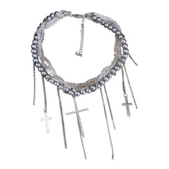 Lunivop Grunge Y2K Unique Pearls Entwined Chain Choker with Fringes Crucifix Charm Necklace Jewelry