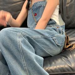 Lunivop Cherry Embroidered Jean Jumpsuits Women New Vintage Baggy Denim Overalls High Street Straight Loose Wide-leg Pants Female