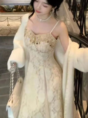 Lunivop Luxury Champagne Shing Long Dresses Elegant V-Neck Waistband Vestidos De Festa Dress Summer Holiday A-line Vestidos New