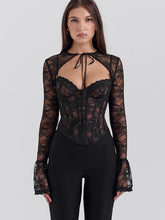 Lunivop Sexy See Through Lace Women Tops Black Long Sleeve Print Floral Two Piece Sets Female Autumn Skinny Elegant Streetwear