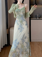 Lunivop Fashion Spring Summer Two Piece Set Women Cardigan Short Top + Retro Jacquard Spaghetti Straps Midi Dress Elegant Party Suits