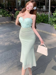 Lunivop New Green Mesh Patchwork Diamonds Sling Long Dress Summer Elegant Casual Home Dress Women Korean Fashion Bodycon Prom Dress