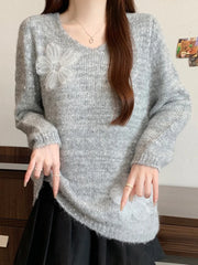 Lunivop 3D Floral Sweet Sweaters Women Loose Fashion V Neck Elegant Knitted Jumper Casual Chic Korean Female Fall Winter Long Sleeve Top
