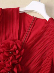 Lunivop solid 3D flowers folds women's dresses round neck long sleeve high waist elegant dress female autumn 2025 new