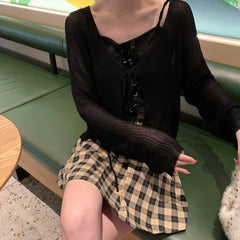 Lunivop Women Tie Up Short Cardigan Knitted Long Sleeve Tie Front Shrug Cardigan Lightweight Cover Up Jacket Teen-girl Y2K Outfit