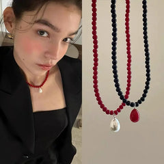 Lunivop Glass Bead Neckchain Vibrant Color Pearl Drop Pendant Necklace Stylish Choker Ornament Anniversary Birthday Gift D0LC