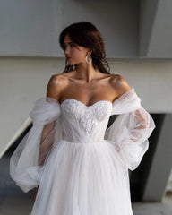 Lunivop Franch Style Romantic Women's Wedding Dress Off Shoulders Latern Sleeves Embellished A Line Bride Dresses Side Slit Bridal Gown