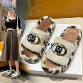 Lunivop Winter Fluffy Slippers Women New Leopard House Home Fur Slippers Women Designer Metal Decor Cozy Fuzzy Platform Slides