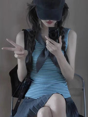 Lunivop Personality Fashion Summer Preppy Style Sailor Neck Tank Tops Sweet All Match Striped Thin Camisole Y2k Korean Casual Tees
