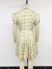 Lunivop New Floral Print Bow Pleated Summer Dress Women Elegant V-neck Puff Sleeve Mini Dress Female Holiday Beach Sundress