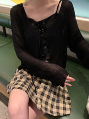 Lunivop Women Tie Up Short Cardigan Knitted Long Sleeve Tie Front Shrug Cardigan Lightweight Cover Up Jacket Teen-girl Y2K Outfit