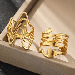 Lunivop 2pcs/set New Trendy Minimally Irregular Lava Ring Set for Women Stainless Steel Open Adjustable Rings Party Jewelry Gift