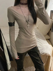 Lunivop American Cross Patchwork Long Sleeve T-shirt Woman Early Autumn New Tops Mujer Y2k Slim Fit Bottoming Tees