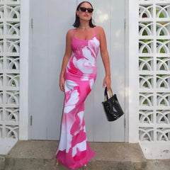 Lunivop American Women's Summer New Fashion Sexy Celebrity Backless Split Sling Long Printed Dress Women