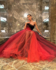 Lunivop Unique Black & Red Mesh Prom Gowns Mix Colors One Shoulder A Line Formal Party Dresses Long Puffy Tulle Party Gowns Customize