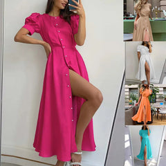 Lunivop Summer New Solid Color Slim Fit High Waisted Cardigan Single-Breasted Midi Dresses Short Sleeve A-Line Party Dresses