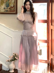 Lunivop Elegant Chic French Pleated Solid Dresses New Puff Sleeves Slim Wasit Midi Women's Dresses Party Prom Female Clothes Mujer