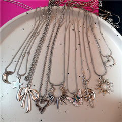 Lunivop Gothic Punk Bow Heart Sun Star Moon Pendant Snake Chain Necklace Men Women Hip Hop Vintage Y2K EMO Grunge Jewelry Accessories