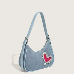 Lunivop Retro Denim Y2k Bags Purse Women Harajukuu Heart Rhinestone Zipper Casual Shoulder Bags Ladies Vintage Trendy Handbag