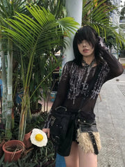 Lunivop Street Punk Gothic Dark Academia Clothes Slash Neck Mesh Long Sleeve Tops Mujer 2025 Summer New Print T-shirt for Women