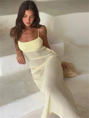 Lunivop Summer Mesh Slim Halter Dresses For Women See-Through Backless Square Collar Elegant Patchwork Dress Female Long Dress New