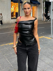 Lunivop Skew Collar Short Leather Top For Women Sleeveless Pleated Slim Pullovers Fashion Irregular High Street T shirt Hot Girl