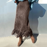 Lunivop Retro Women's Suede Midi Skirt Daily Casual High Waisted Solid Colors Tassel Hem Skirts Fashion Street Autumn Winter Chic Outfit