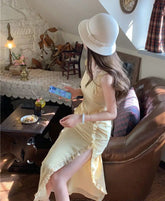 Lunivop Elegant Dresses Women Sleeveless Ruffles Patchwork Split Bandage Summer Fashion Sweet Female Dress Holiday Casual