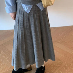 Lunivop Korean Style Pleated Skirt Women Grey Elegant Sweet Knitted Skirt Preppy Style Autumn Winter Casual Solid Long Skirts