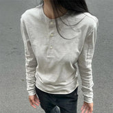 Lunivop O-neck Button Solid Color All Match Long-sleeved T-shirt Women Autumn New High Street Fashion Rhinestone Casual Tops