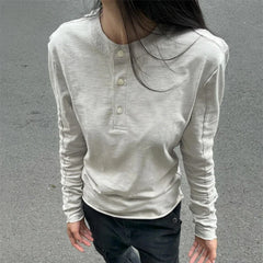 Lunivop O-neck Button Solid Color All Match Long-sleeved T-shirt Women Autumn New High Street Fashion Rhinestone Casual Tops