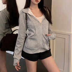 Lunivop Women Hoodie Zip-up Solid Gray Hooded Sweatshirt Long Sleeve Kangaroo Pocket Sweatshirt Drop Shoulder Cuffed Sleeve Cardigan
