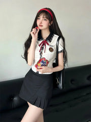 Lunivop Kawaii Uniform College Style Japanese Suits Summer Sweet Fashion Vintage Girls Blue Shirt Mini Pleated Skirts 2-piece Set