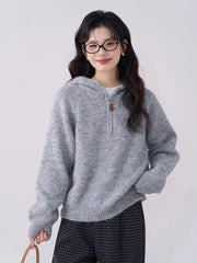 Lunivop Korean Vintage Gray Sweaters Women Long Sleeve Casual Simple Knitted Hooded Jumper Retro Loose All Match Female Fall Winter Tops